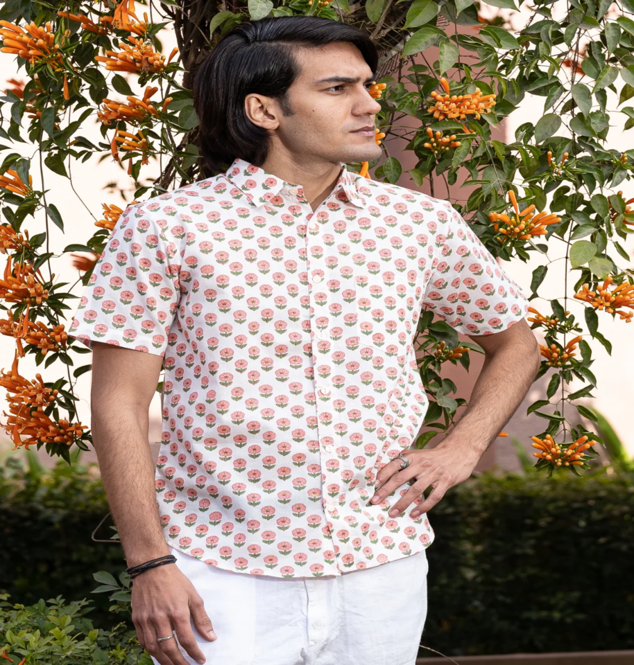 Soft Petal Pattern Hand Block Print Half-sleeve 100% Cotton Shirt