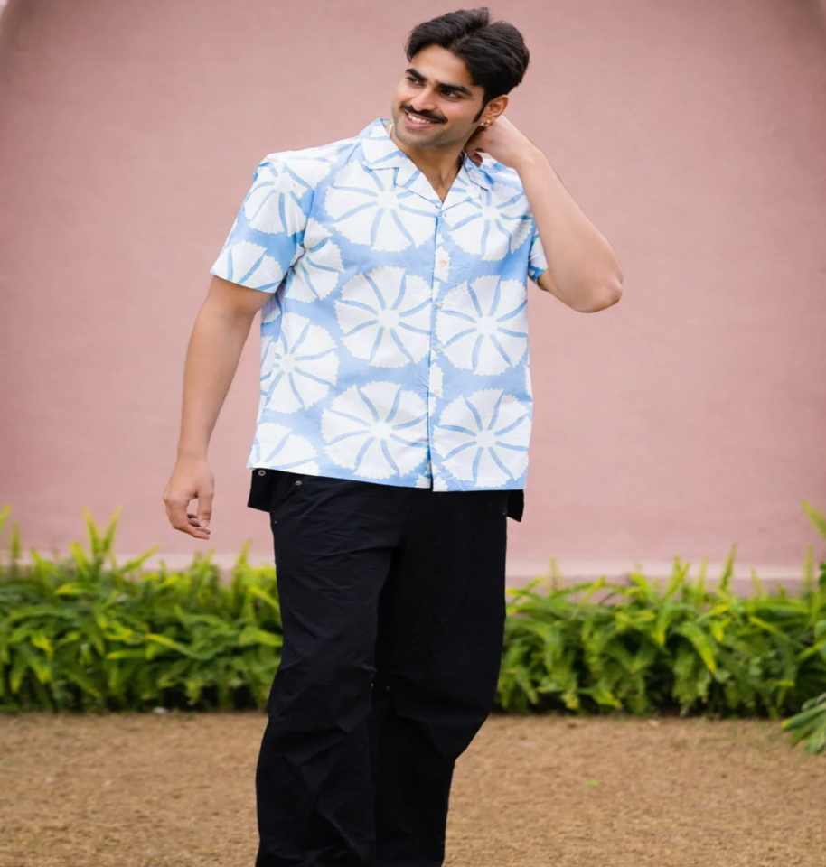 Sea Flower Hand Block Print Half-Sleeve 100% Cotton Shirt - Image 4