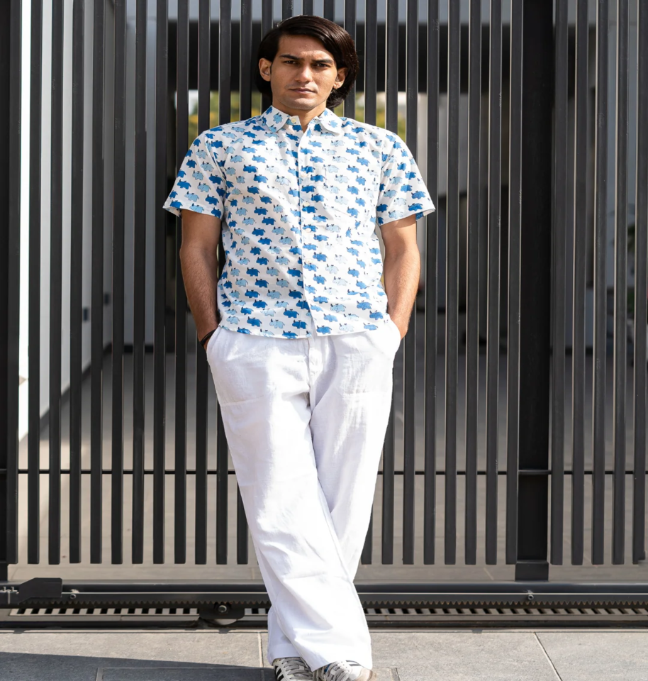 Wildlife Hand Block Print Half-Sleeve 100% Cotton Shirt - Image 4