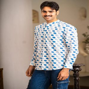 Full Sleeve Hand Block Print Shirt with Stylish White & Blue Color and 100% Cotton