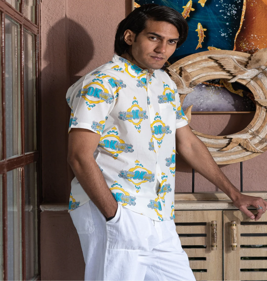 Street Style Retro Design Hand Block Print Half-sleeve 100% Cotton Shirt - Image 3