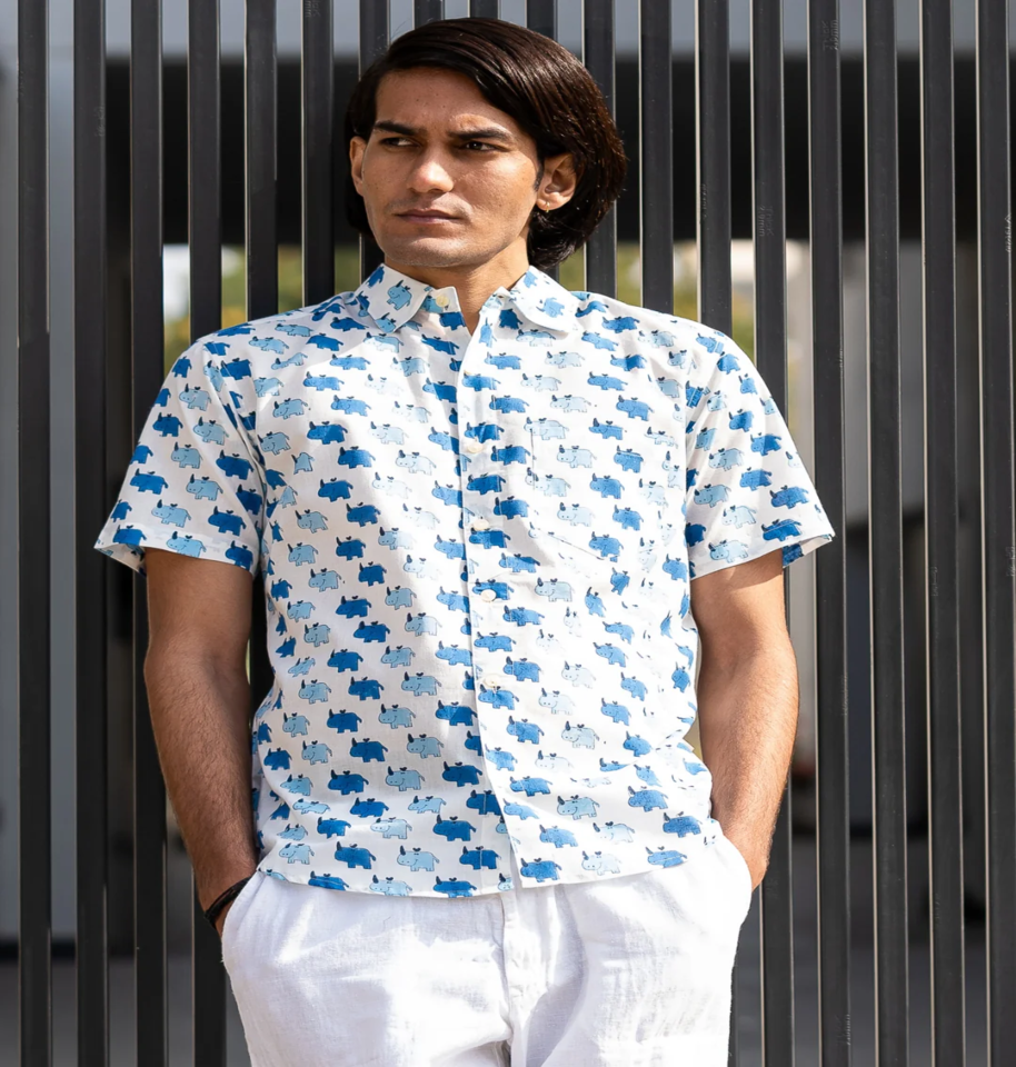 Wildlife Hand Block Print Half-Sleeve 100% Cotton Shirt