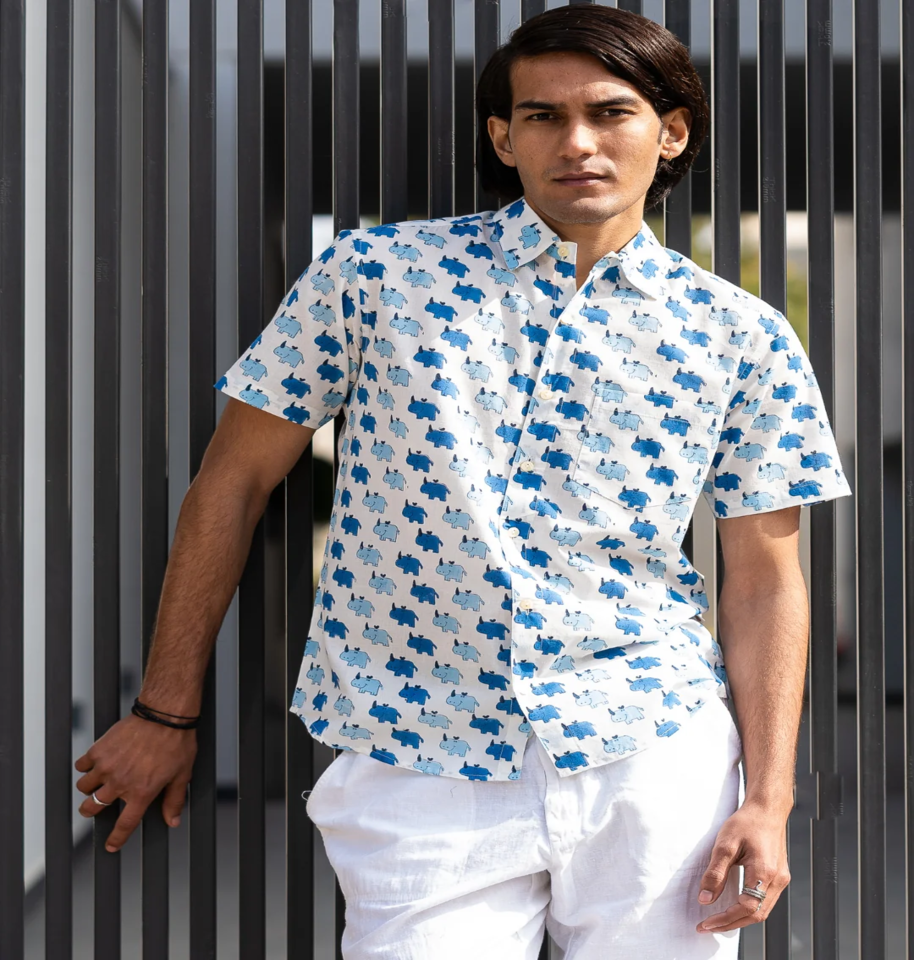 Wildlife Hand Block Print Half-Sleeve 100% Cotton Shirt - Image 3