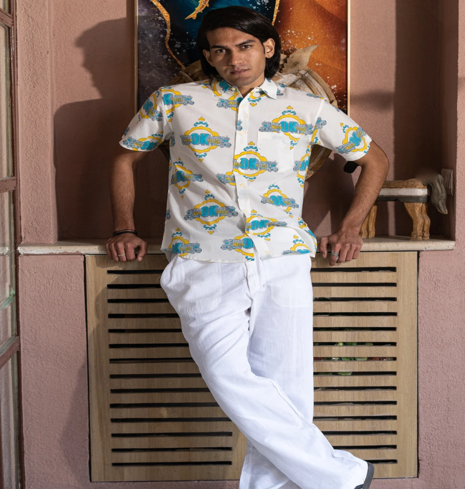 Street Style Retro Design Hand Block Print Half-sleeve 100% Cotton Shirt - Image 4