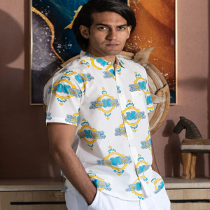Street Style Retro Design Hand Block Print Half-sleeve 100% Cotton Shirt