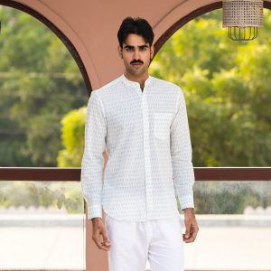Full Sleeve Hand Block Print Kurta Shirt with Elegant Mint Motif and 100% Cotton