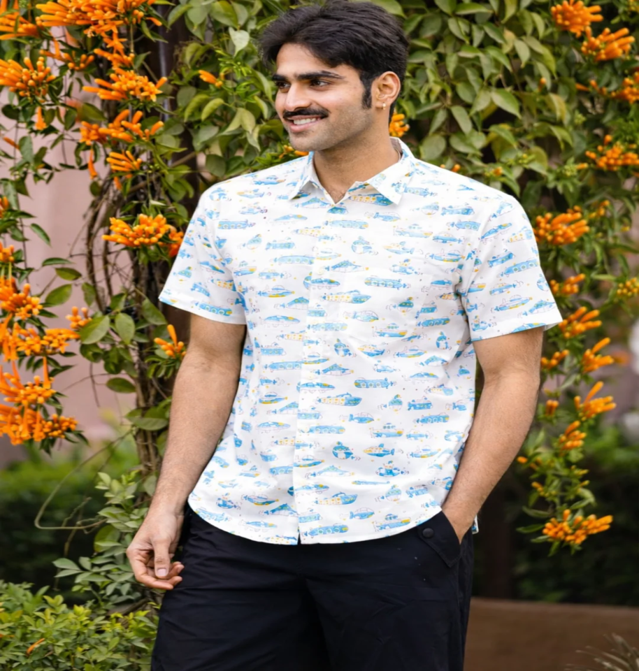 Ocean Journey Design Hand Block Print Half-Sleeve100% Cotton Shirt - Image 2