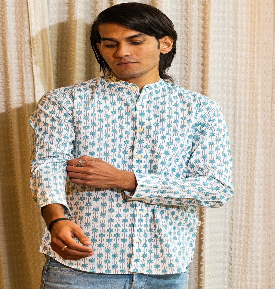 Full Sleeve Hand Block Print Shirt with Azure Geometric Buti and Mandarin Collar 100% Cotton - Image 2