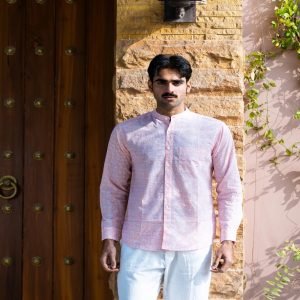 Full Sleeve Hand Block Print Shirt with Elegant Pink color and Mandarin Collar, 100% Cotton