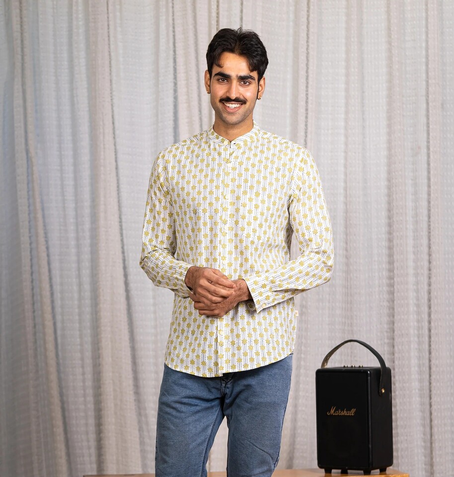 Full Sleeve Hand Block Print Kurta Shirt with Mustard Geometric Print and 100% Cotton - Image 3