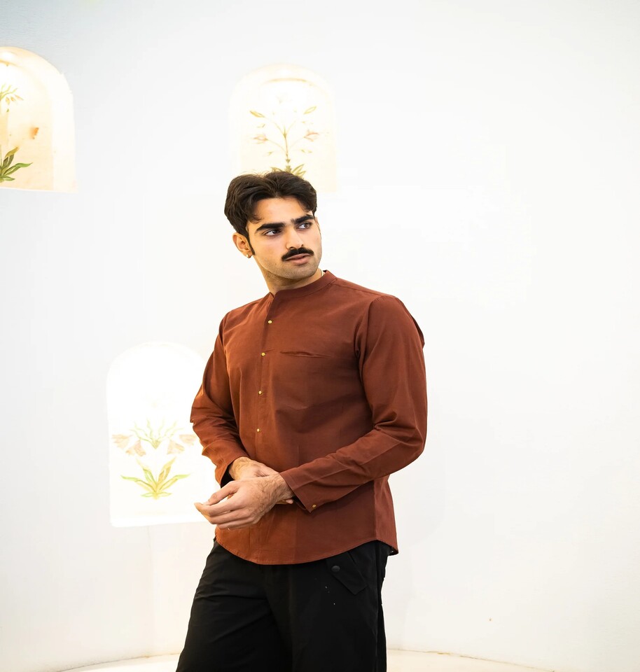 Full Sleeve Classic Rust Brown Mandarin Collar Shirt - Image 2