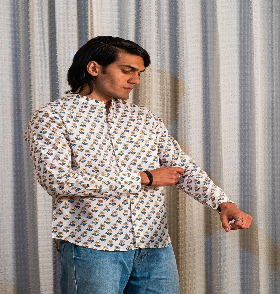 Full Sleeve Hand Block Print Shirt Sunflower Buti Print Mandarin Collar 100% Cotton - Image 2