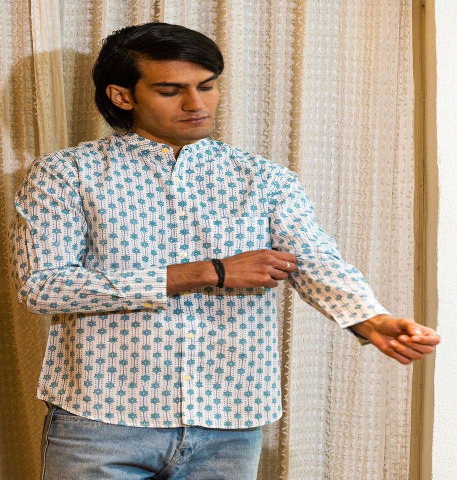 Full Sleeve Hand Block Print Shirt with Azure Geometric Buti and Mandarin Collar 100% Cotton - Image 3