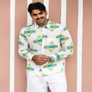 Full Sleeve Hand Block Print Shirt with Trendy White color and 100% Cotton