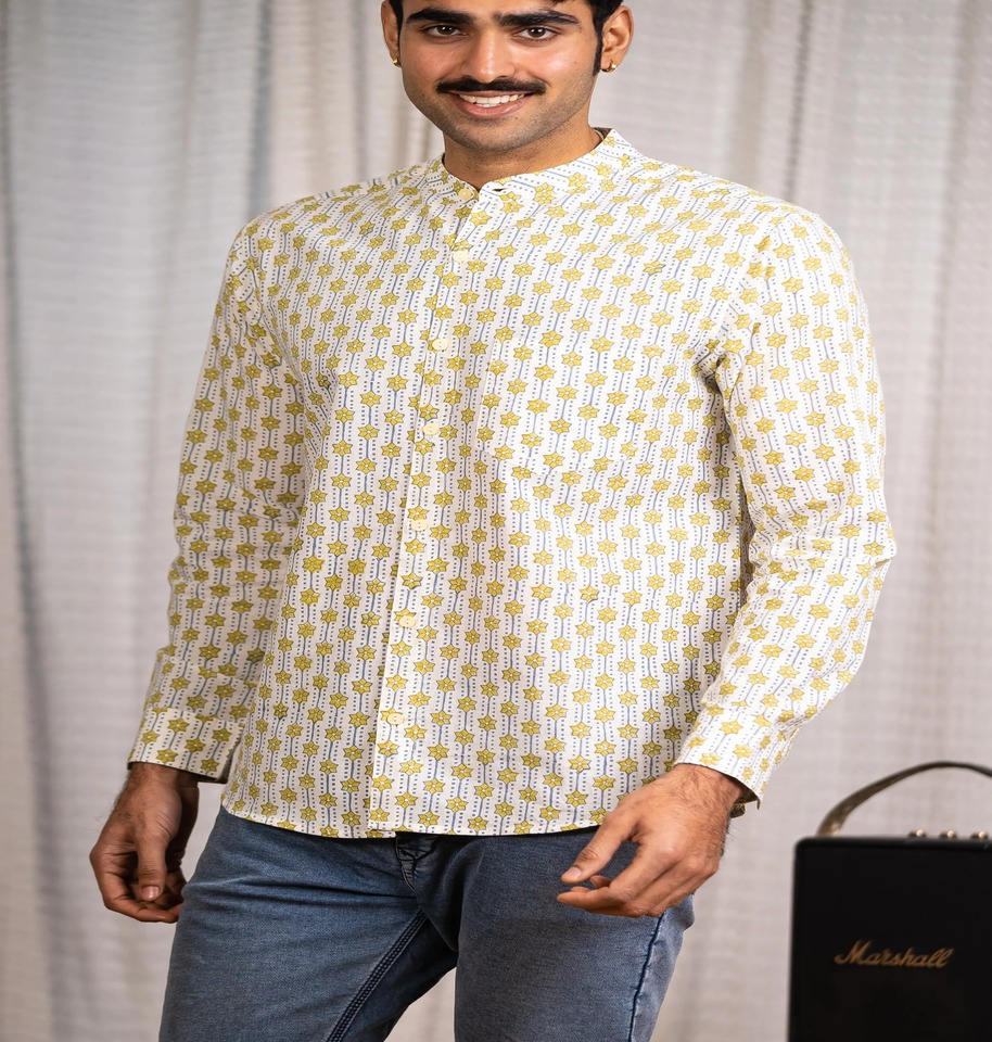 Full Sleeve Hand Block Print Kurta Shirt with Mustard Geometric Print and 100% Cotton - Image 2