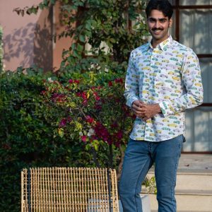 Full Sleeve Hand Block Print Shirt with Retro Ride Design