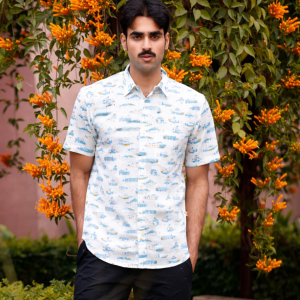 Ocean Journey Design Hand Block Print Half-Sleeve100% Cotton Shirt