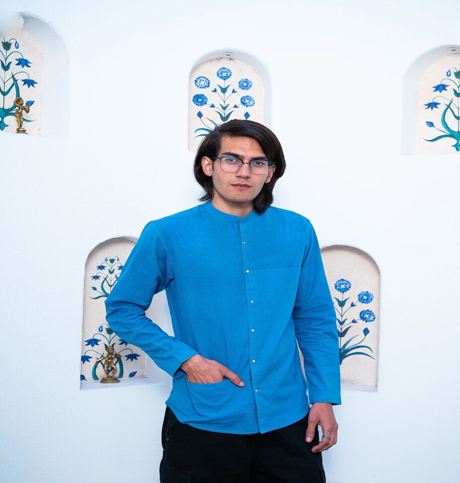 Full Sleeve Stylish Indian Classic Sky Blue Mandarin Collar Shirt - Image 3