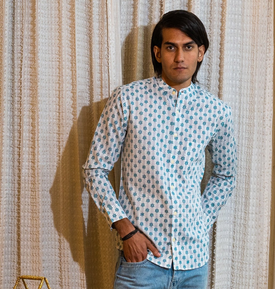 Full Sleeve Hand Block Print Shirt with Azure Geometric Buti and Mandarin Collar 100% Cotton - Image 4
