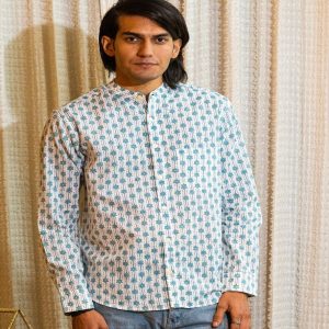 Full Sleeve Hand Block Print Shirt with Azure Geometric Buti and Mandarin Collar 100% Cotton