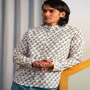 Full Sleeve Hand Block Print Shirt Sunflower Buti Print Mandarin Collar 100% Cotton