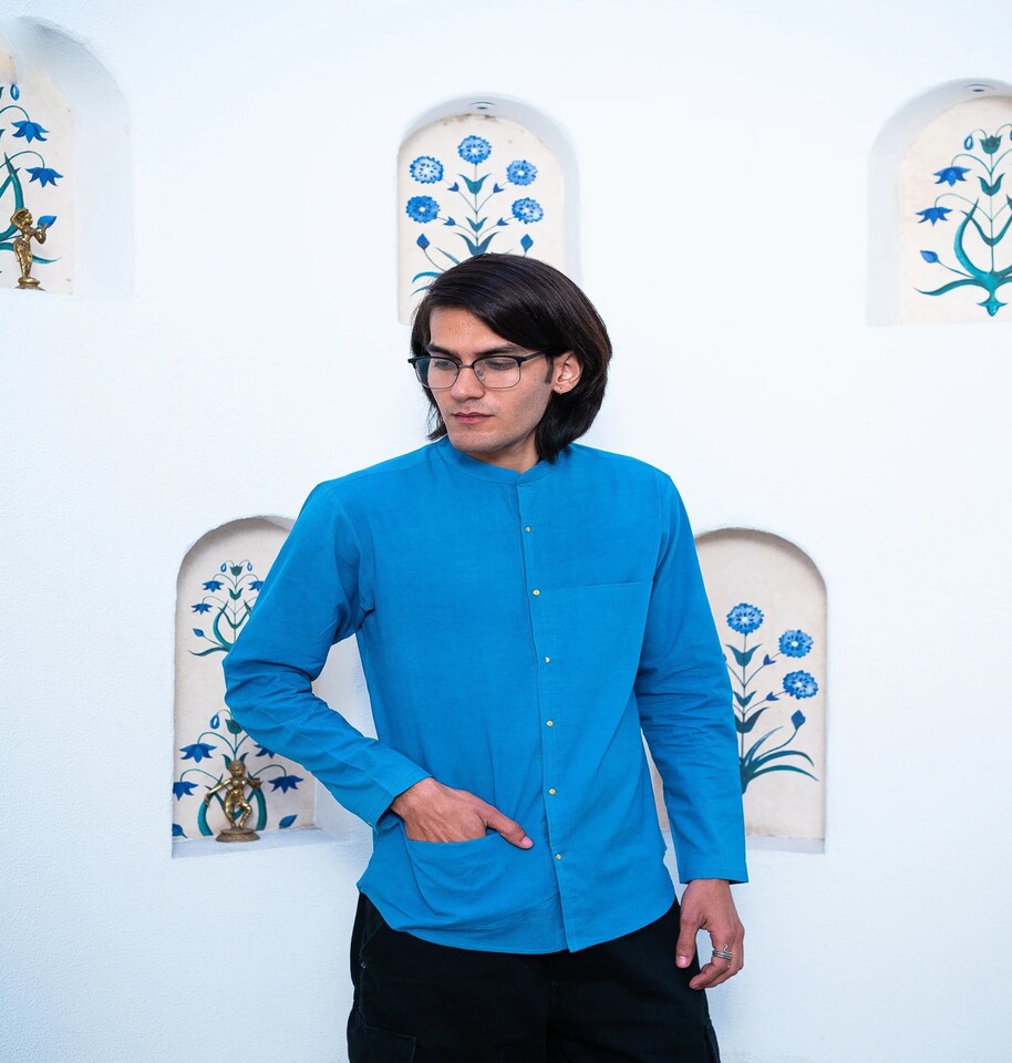 Full Sleeve Stylish Indian Classic Sky Blue Mandarin Collar Shirt - Image 4