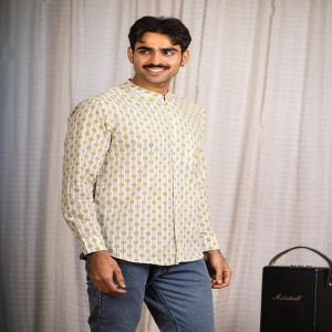 Full Sleeve Hand Block Print Kurta Shirt with Mustard Geometric Print and 100% Cotton