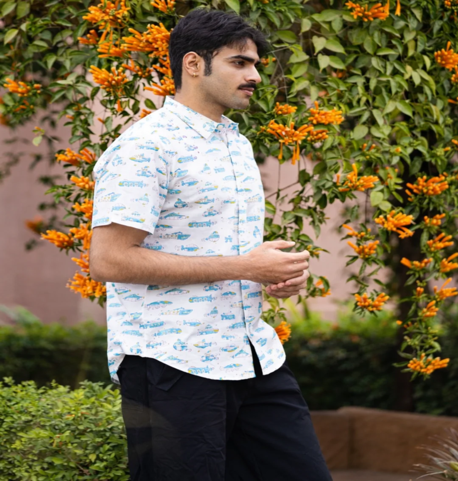 Ocean Journey Design Hand Block Print Half-Sleeve100% Cotton Shirt - Image 3