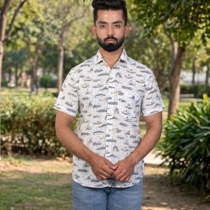Travel Explorer Design Hand Block Print Half-Sleeve 100% Cotton Shirt