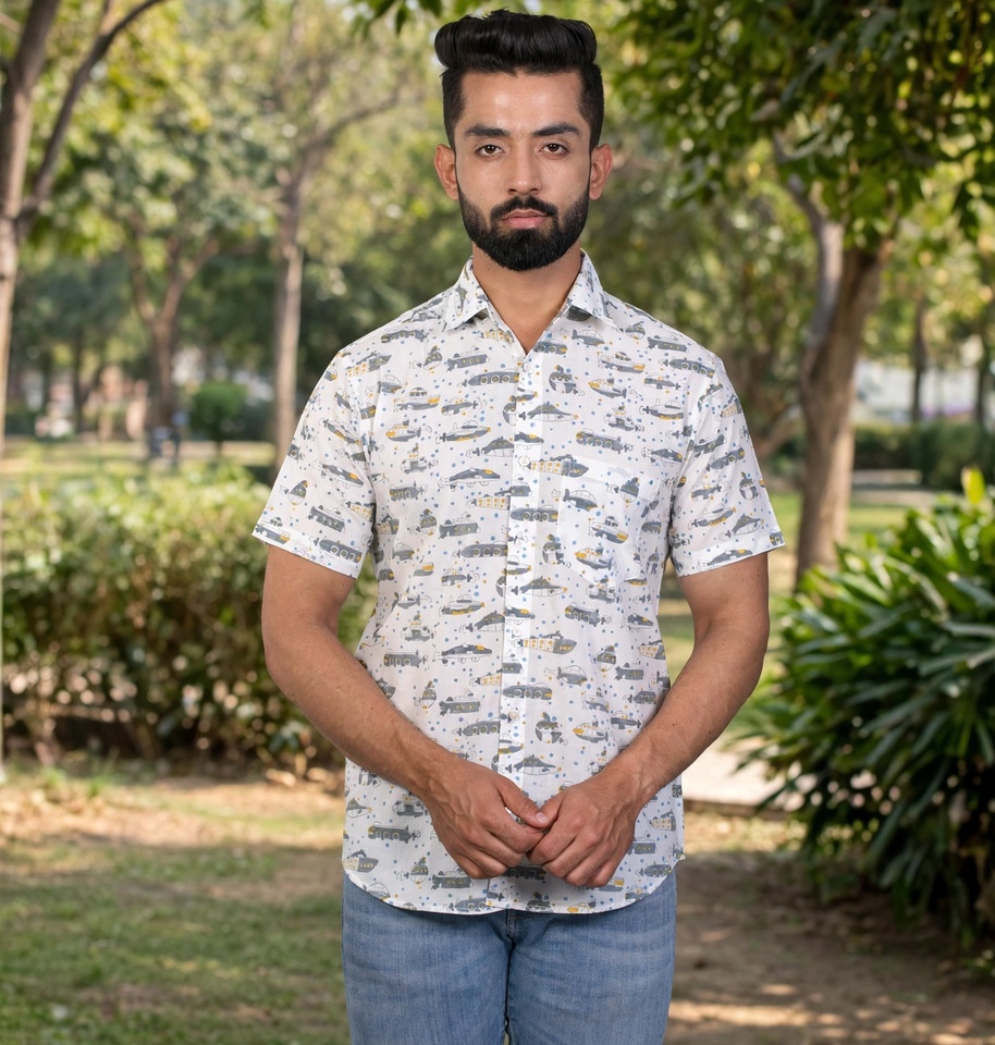 Travel Explorer Design Hand Block Print Half-Sleeve 100% Cotton Shirt
