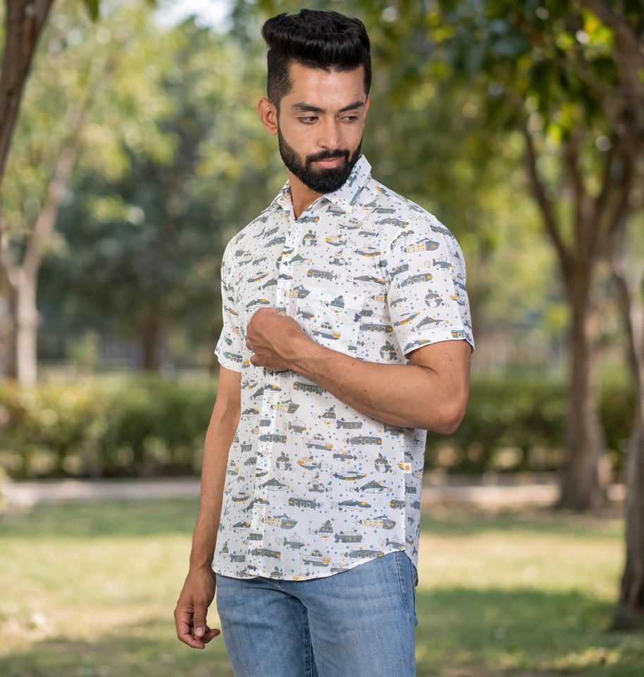 Travel Explorer Design Hand Block Print Half-Sleeve 100% Cotton Shirt - Image 2