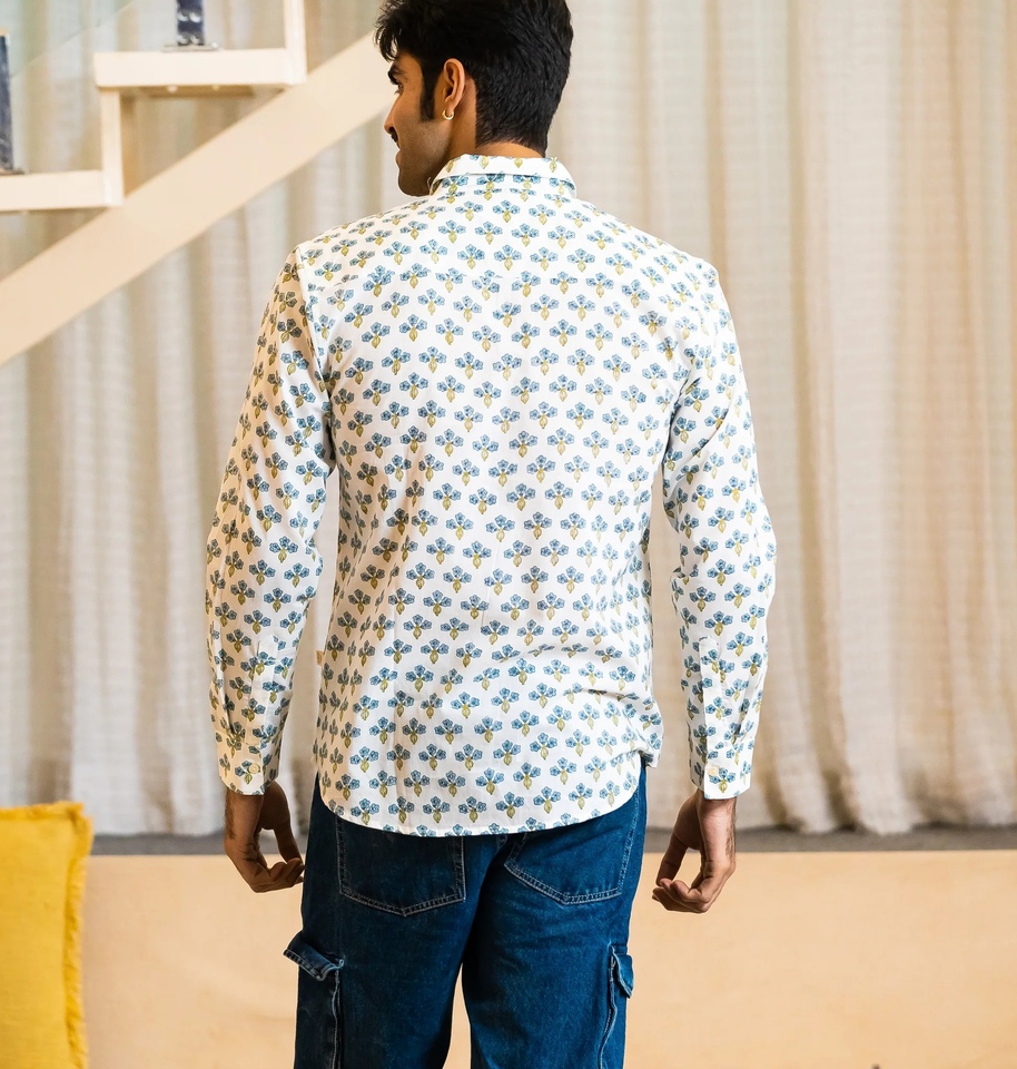 Full Sleeve Hand Block Print Shirt with Indigo Floral Buti and 100% Cotton - Image 4