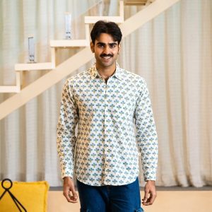 Full Sleeve Hand Block Print Shirt with Indigo Floral Buti and 100% Cotton