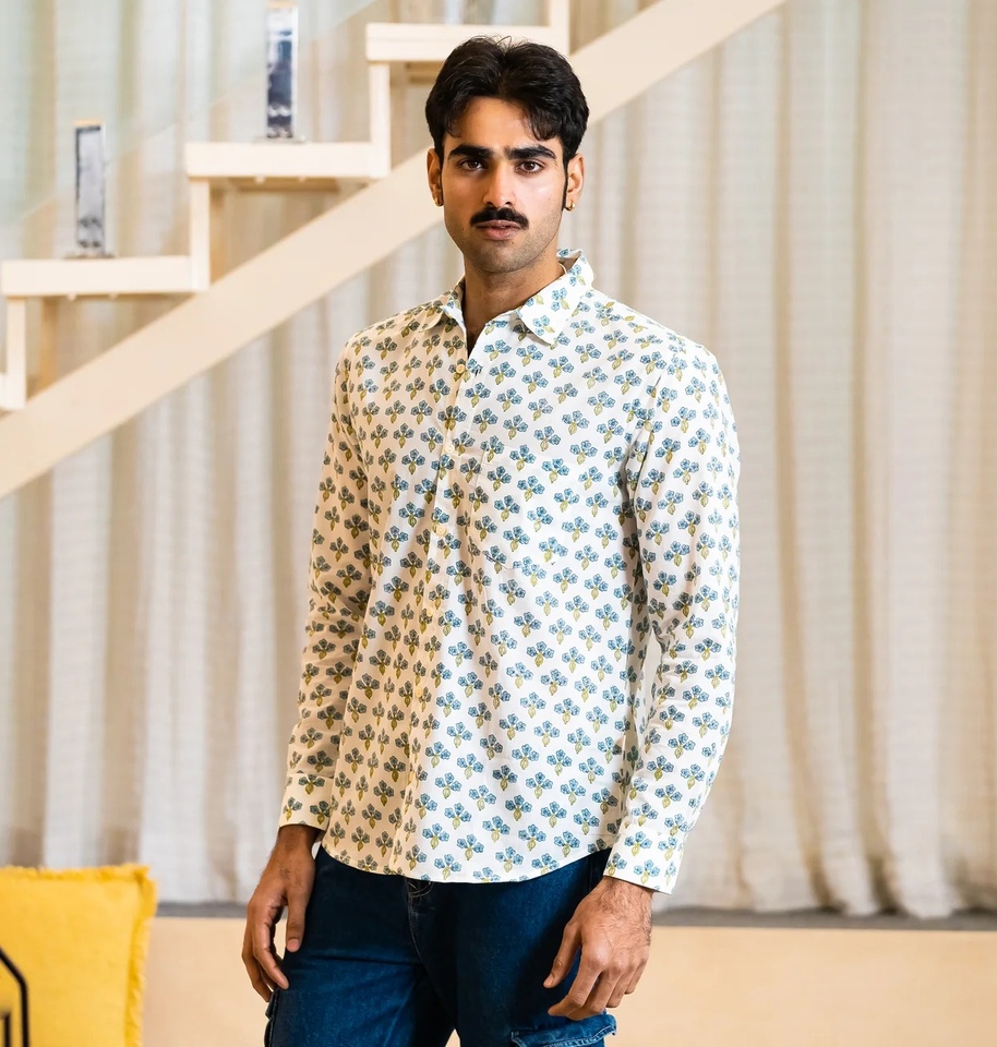 Full Sleeve Hand Block Print Shirt with Indigo Floral Buti and 100% Cotton - Image 2