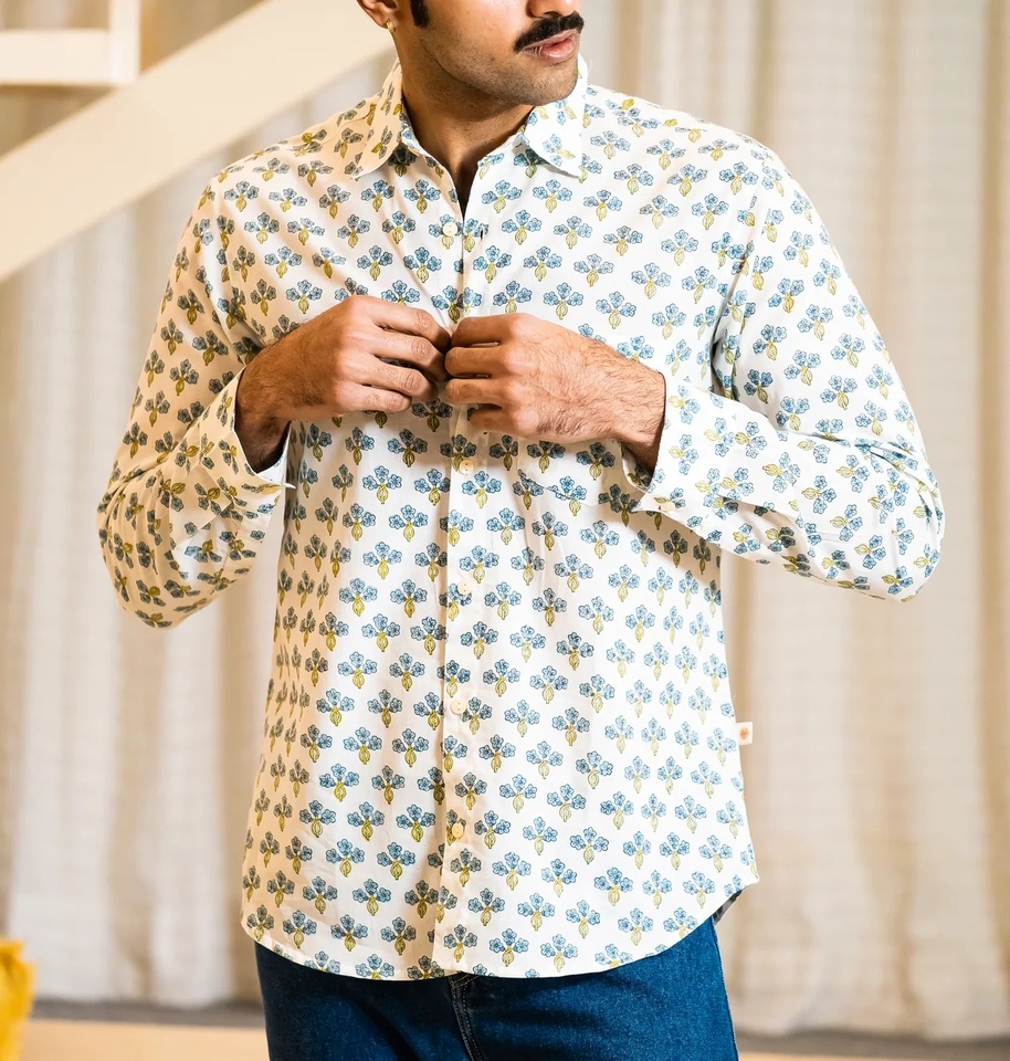 Full Sleeve Hand Block Print Shirt with Indigo Floral Buti and 100% Cotton - Image 3